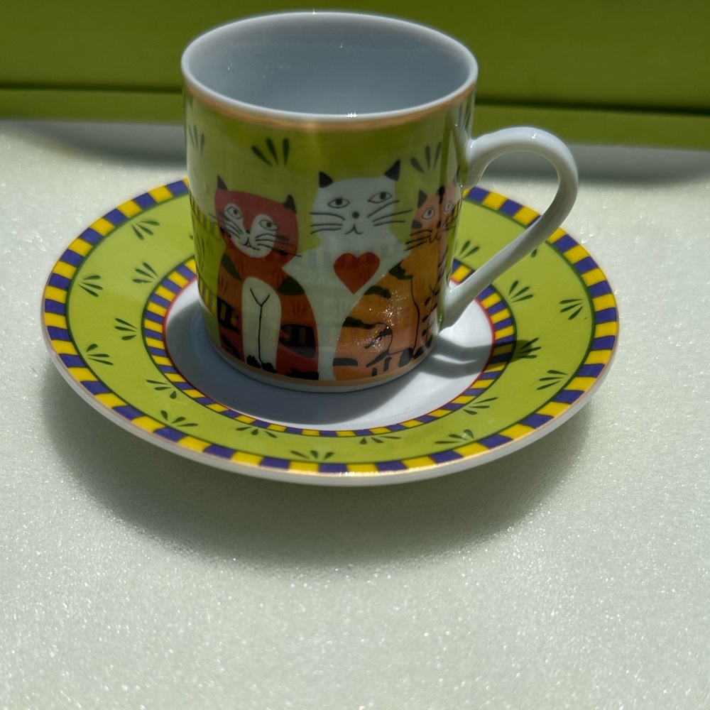 6 Coffee Mug Set w/ Plates. For cat lovers.